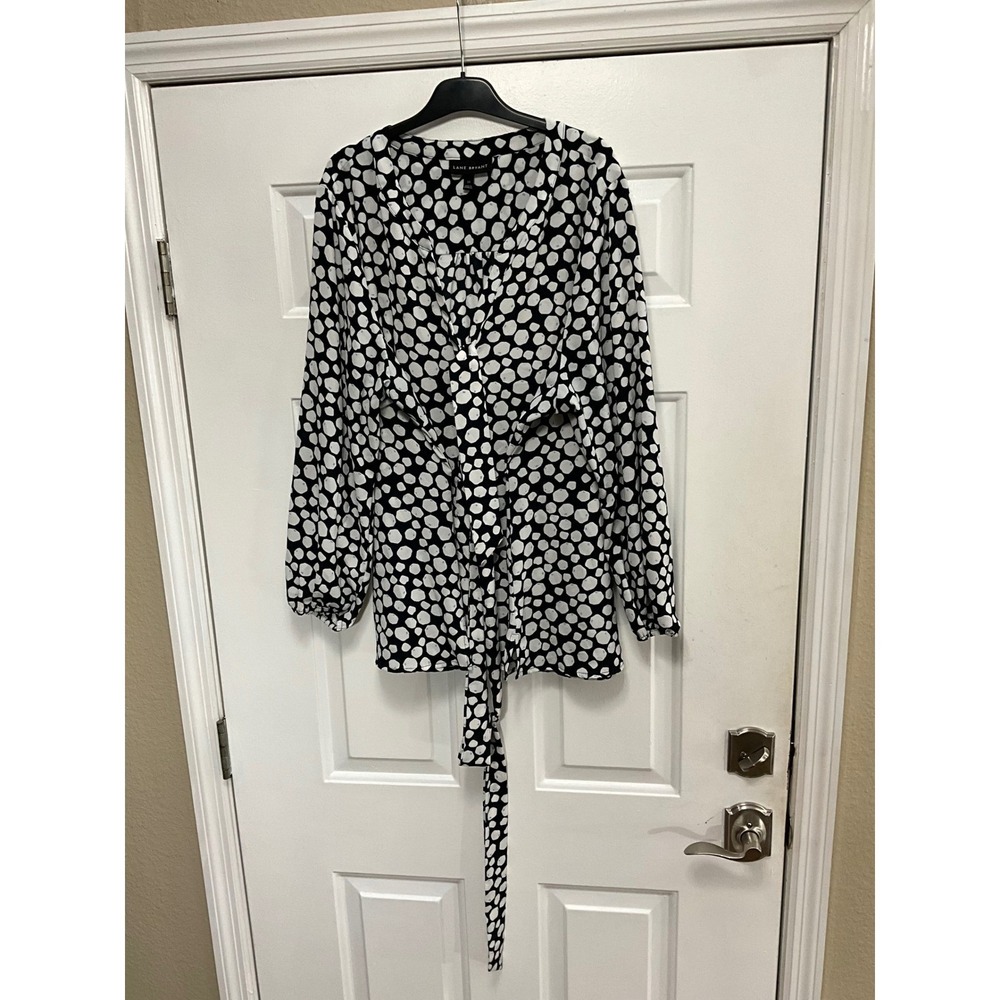 Lane Bryant Women Black White Polka Dot Wrap Tie Waist Blouse Top Plus Size 22